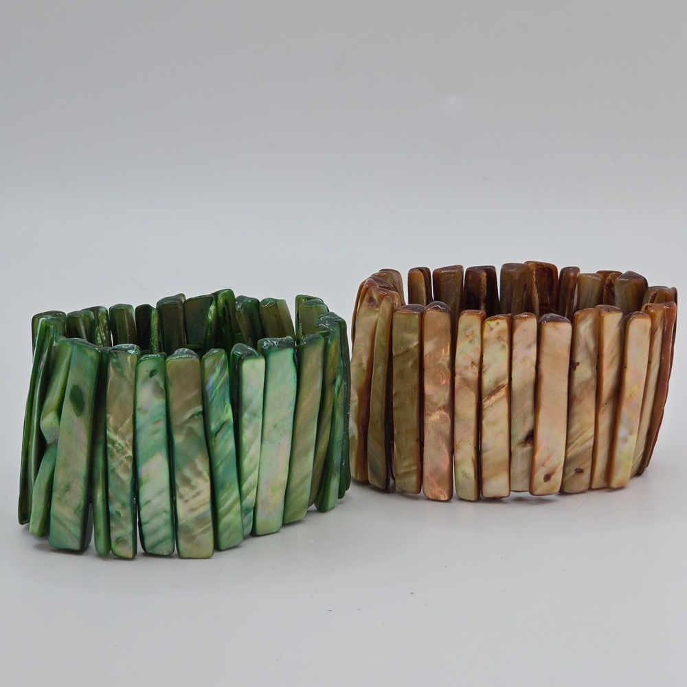 Shell‎ Stretch Bracelet Set Womens Green Brown Iridescent Boho Beachy Coastal
